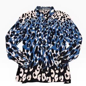 Robert Grahm Blue Leopard Animal Print 100% Silk Button Down Blouse Shirt XS EUC